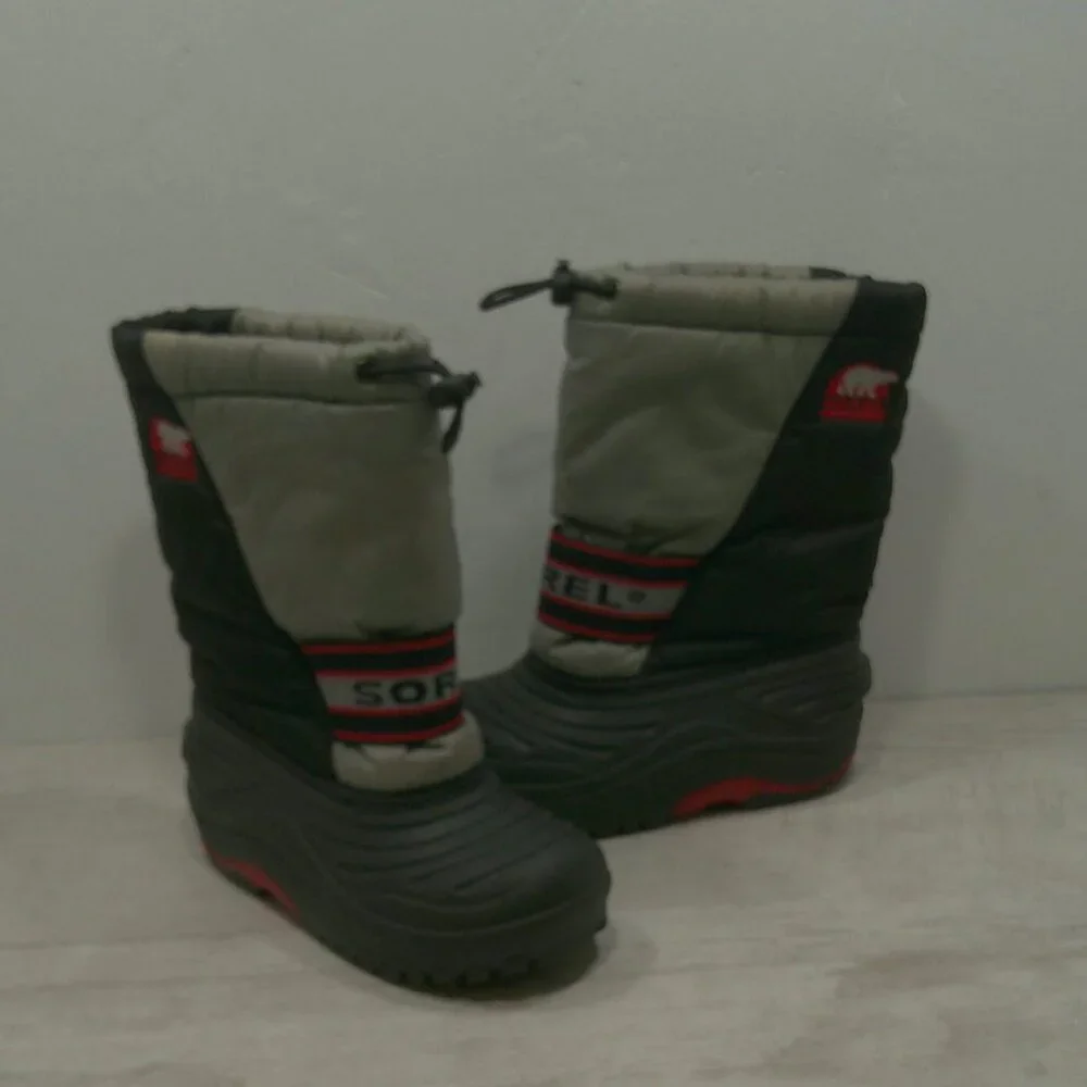 Sorel Waterproof Gray Red Youth Cub LIA Winter Snow Boots w/ Inserts Size 13